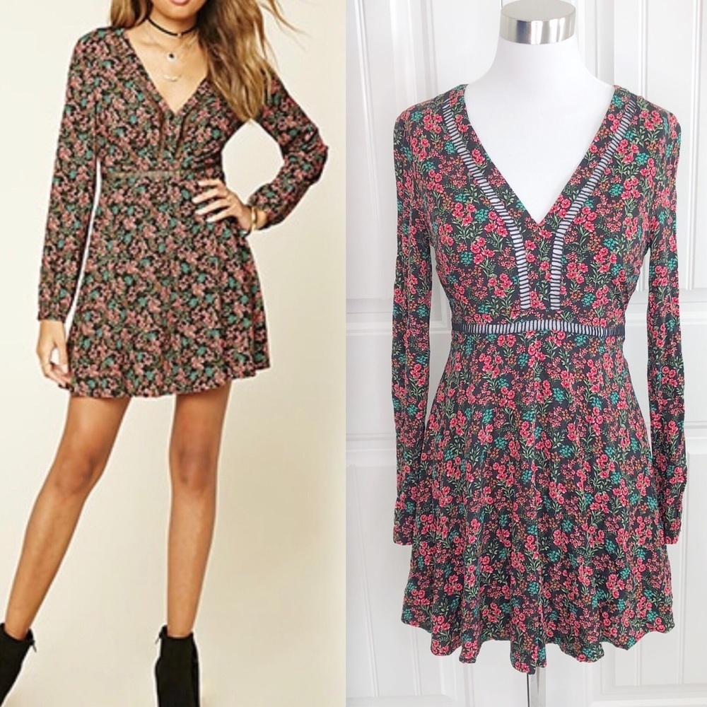Forever 21 Red Black Floral Long Sleeve Mini Dress - Picture 1 of 7
